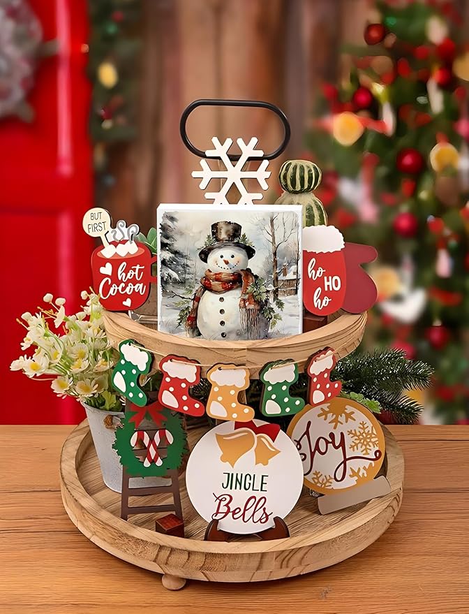 Vintage Snowman Winter Christmas Wooden Box Sign, Snowman Christmas Decorations, Rustic Xmas Winter Snowy Tree Cottage Wood Signs for Home Office Desk Shelf Tabletop Decor, 5x5 Inch Decorative Signage