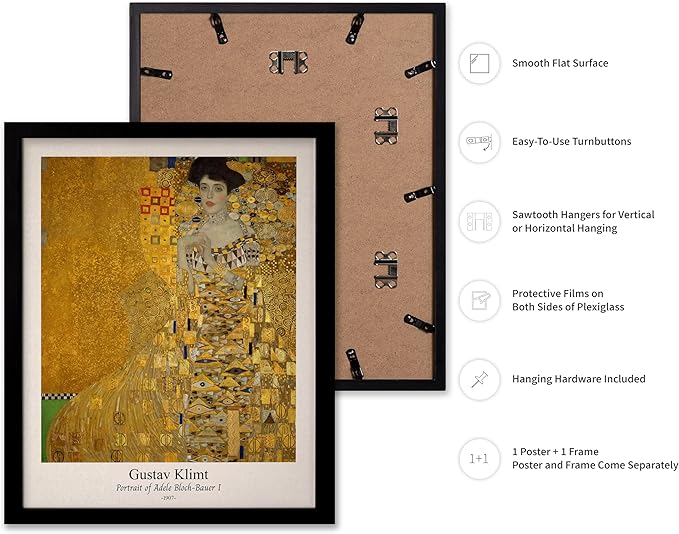 Poster Master Vintage Gustav Klimt Poster - Retro Portrait of Adele Bloch-Bauer Print - Art Nouveau - Lady in Gold Art - Gold Leaf Art - Classic Painting - Living Room Decor - 16x20 Black Framed