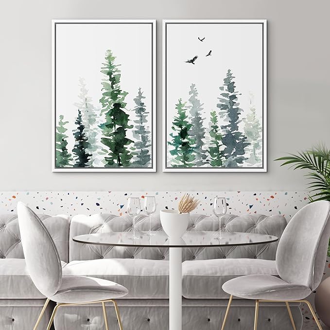 SIGNWIN Watercolor Green & Gray Forest and Birds Nature Wall Art Print Set, Framed Canvas Art Prints for Living Room, Bedroom, Office - 16''x24''x2 - Modern Art Rustic Relax/Calm Multicolor