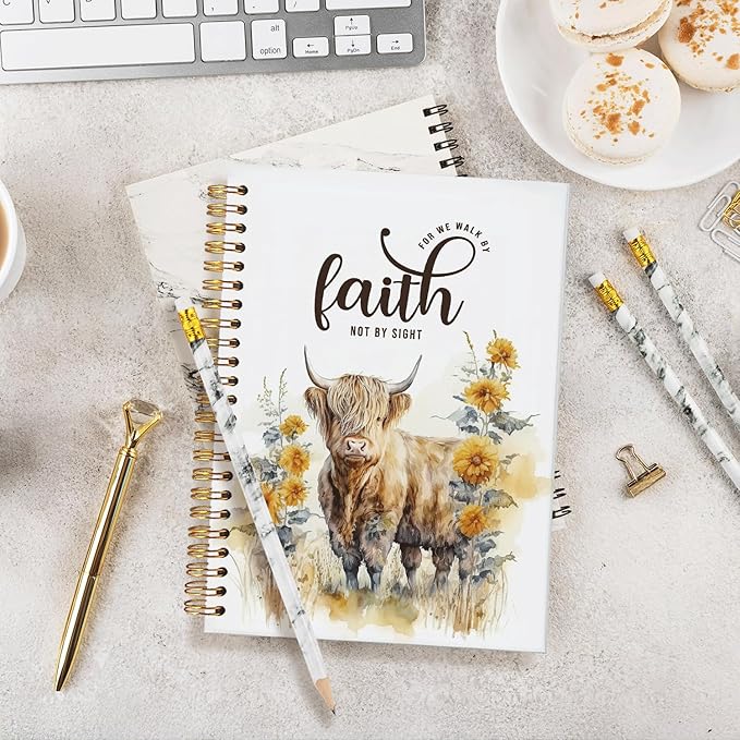 Bible Study Journal, Bible Notebook for Bible Notes, Christian Journals for Women, Highland Cow Gifts for Women,Walk by Faith Highland Cow Notebook Gifts Faith Journal 5.5x8.3