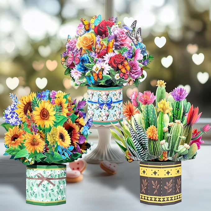 3D Pop Up Flower Bouquet Cards Pack – Roses, Sunflowers and Succulents Greeting for Women - for Mother's Day, Birthdays, Get Well, Sympathy, Congratulations & Thank You – Includes Envelopes & Note Cards