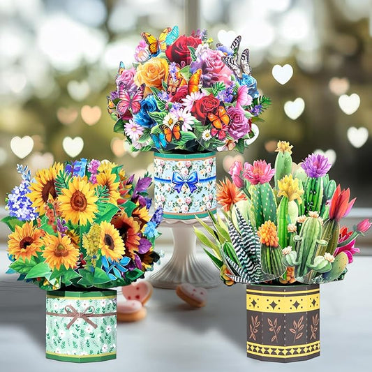 3D Pop Up Flower Bouquet Cards Pack – Roses, Sunflowers and Succulents Greeting for Women - for Mother's Day, Birthdays, Get Well, Sympathy, Congratulations & Thank You – Includes Envelopes & Note Cards