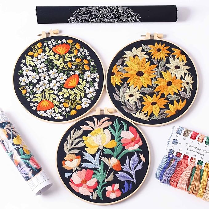 REEWISLY 3Pcs Embroidery Starter Kit with Patterns and Instructions, DIY Adult Cross Stitch Kits Beginner, Including 3 Plastic Embroidery Rings, 1 Scissors, Colored Threads and Needles