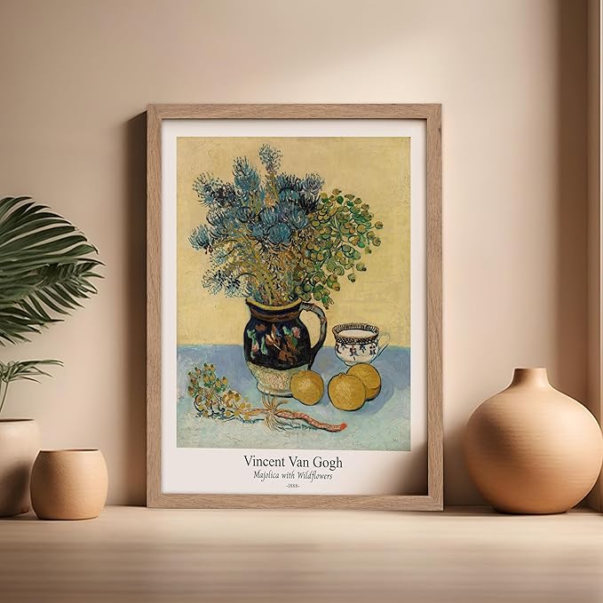 Monem Art Vintage Van Gogh Poster - Retro Majolica with Wildflowers Print - Impressionism Art - Flower Art - Fine Art - Classic Painting Art - Floral Living Room Decor - 16x20 Beige Framed
