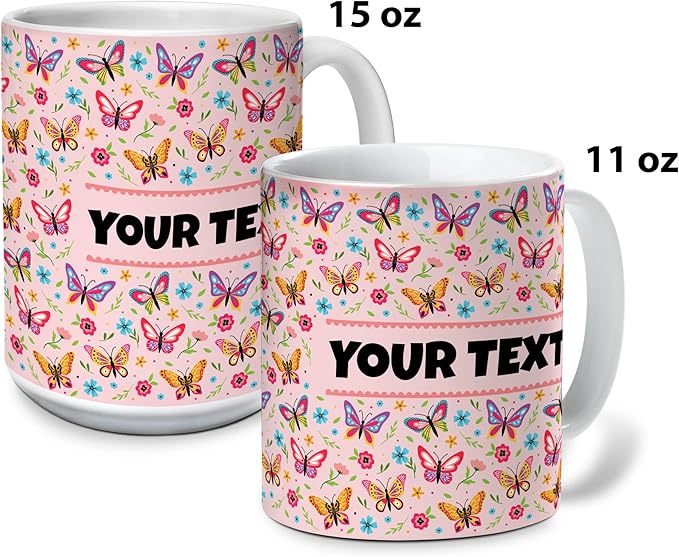 Personalized Mug for Kids - Butterflies - Custom Name/Text, Ceramic Hot Chocolate/Cocoa/Coffee Cup for Girls, Birthday/Christmas/Holiday Gift - 15 oz, Light Blue Handle
