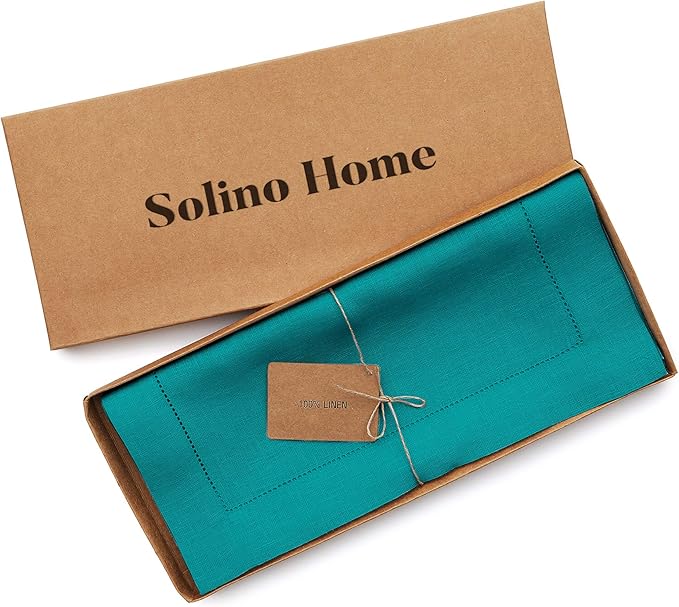 Solino Home Linen Teal Table Runner 156 Inches Long - 100% Pure Linen Extra Long Table Runner 14 x 156 Inch - Classic Hemstitch
