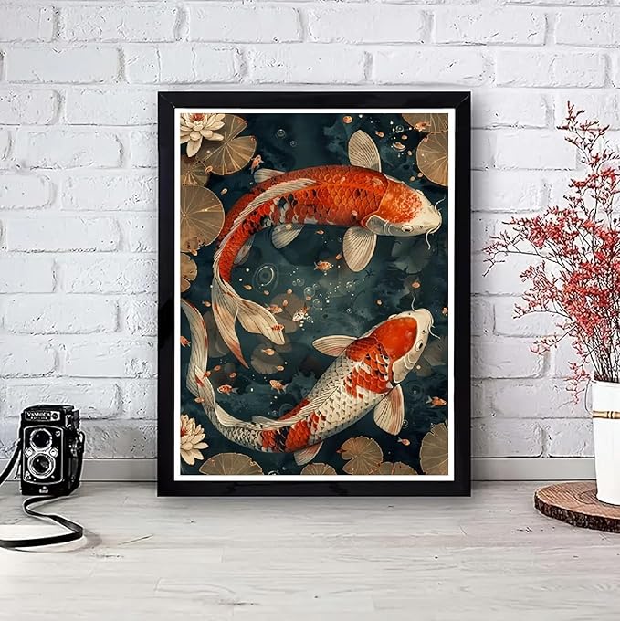 JFYHAB Koi Fish Diamond Art Kits for Adults, Scenery Fish DIY Full Drill Diamond Painting Kits for Beginners, 5D Gem Art Crafts for Adults, Home Wall Decor 12x16 inch