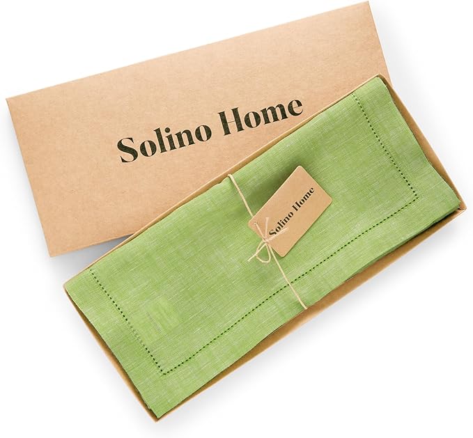 Solino Home Linen Table Runner 60 Inches - 100% Pure Linen Chambray Lime Green Hemstitch Table Runner 14 x 60 Inch Ideal for Dresser and Coffee Tables, Spring, St Patricks Day, Easter - Milan