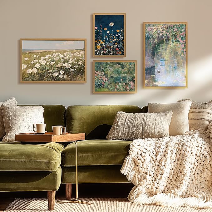 CAZLOUC Vintage Wildflower Wall Art, Colorful Botanical Flower Wall Decor, Rustic Dark Blue Floral Canvas Painting, Classic Minimalist Poster Print for Bedroom Office Wood Framed 16x24 Inch