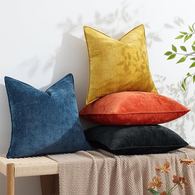 decorUhome Spring Couch Euro Sham Throw Pillow Covers 22x22 Set of 2, Decorative Soft Velvet Neutral Chenille Pillow Covers with Elegant Design for Sofa Bed Living Room Home Decor, Mineral Yellow