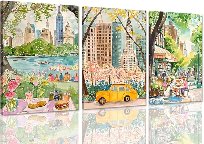 XLARTMY New York City Poster Travel Wall Art Canvas Framed Watercolor NYC Central Park Landmarks Artwork Decor Painting Prints Pictures Set of 3 for Bedroom Living Room Bathroom Office 12x16in
