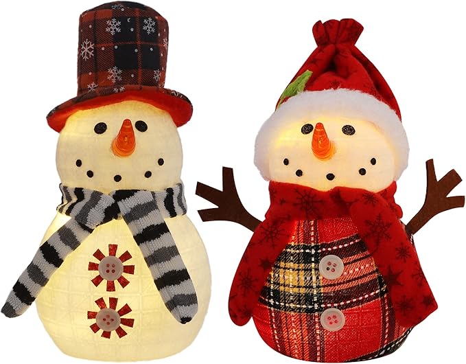 Christmas Table Decorations, 2 Pcs Snowman with Warm White LED Lights, Xmas Table Top Snowmen Decor for Winter Home Kitchen Mantle Room Office Holiday Party
