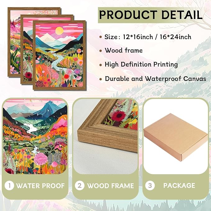 Boho Colorful Mountain Wall Art Set of 3, Abstract Watercolor Landscape Flower Wall Decor Paintings, Modern Nature Sunset Forest Posters Prints for Living Room, Bedroom 16x24 Inch Wood Framed