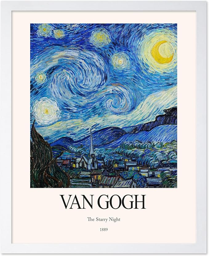 Monem Art Vintage Van Gogh Poster - Retro Impressionist Print - The Starry Night, Moon, Stars, Abstract - Gift for Artist, Friend - Wall Decor for Home, Office, 16x20 White Framed