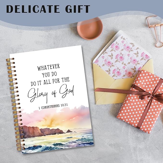Watercolor Christian Spiral Notebooks, 1 Corinthians 10:31 Bible Journal, Scripture Journals for Writing, Christian Gifts for Women, Religious Notebook for Note Taking, 5.5x8.3 Inch