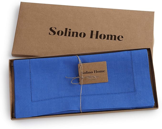Solino Home Linen Royal Blue Table Runner 36 Inches - Classic Hemstitch, 100% Pure Linen Coffee Table Runner 14 x 36 Inch Ideal for Dresser Tables, Spring