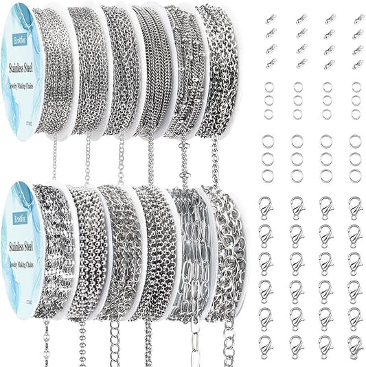 Necklace Chain for Jewelry Making, 95.1 Feet 12 Rolls Stainless Steel Jewelry Chains for DIY Necklace Bracelet Making with Stainless Steel Jump Rings/Lobster Clasps/Connectors