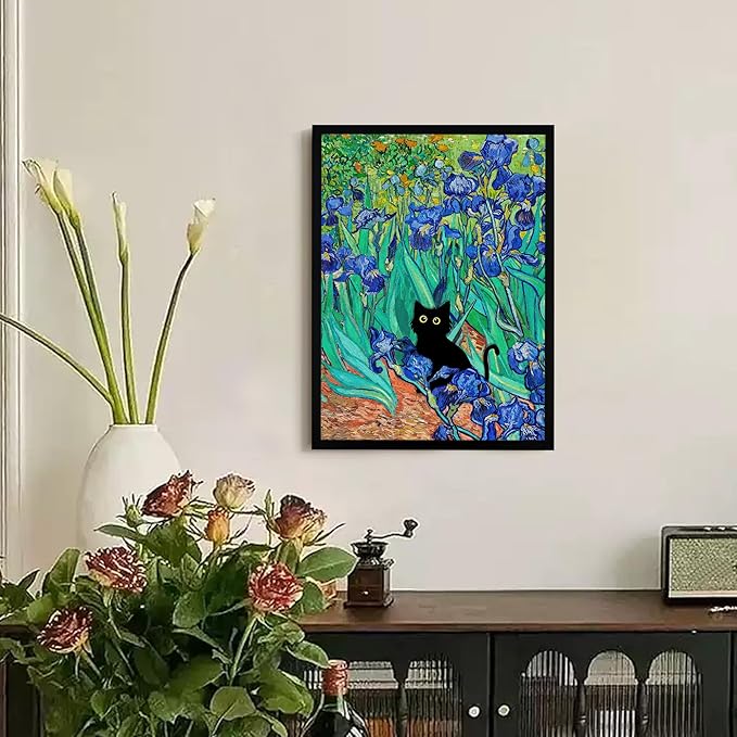 Fantasy Artists Van Gogh Irises Cat Wall Art, Framed Vintage Garden Canvas Wall Decor, Funny Black Cat Poster Prints, Paintings,Bathroom,bedroom,Living Room Artwork Decorations 16" Wide X 24" Height