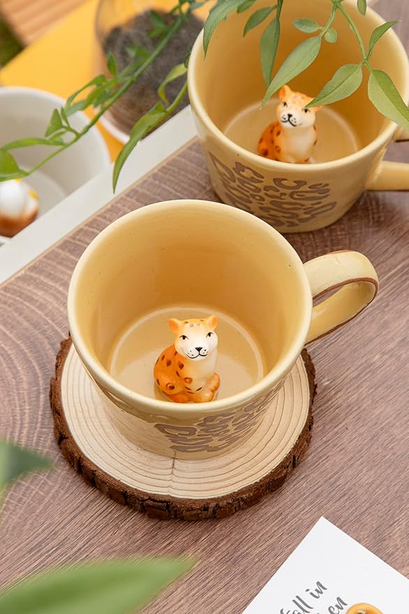 DIHOclub Leopard Coffee Cup Ceramic 3D Wild Animal Inside Mug,Cute Cartoon Handmade Figurine Mugs,Holiday and Birthday Gift for Coffee Milk Tea Lovers,12 OZ (Yellow Leopard)