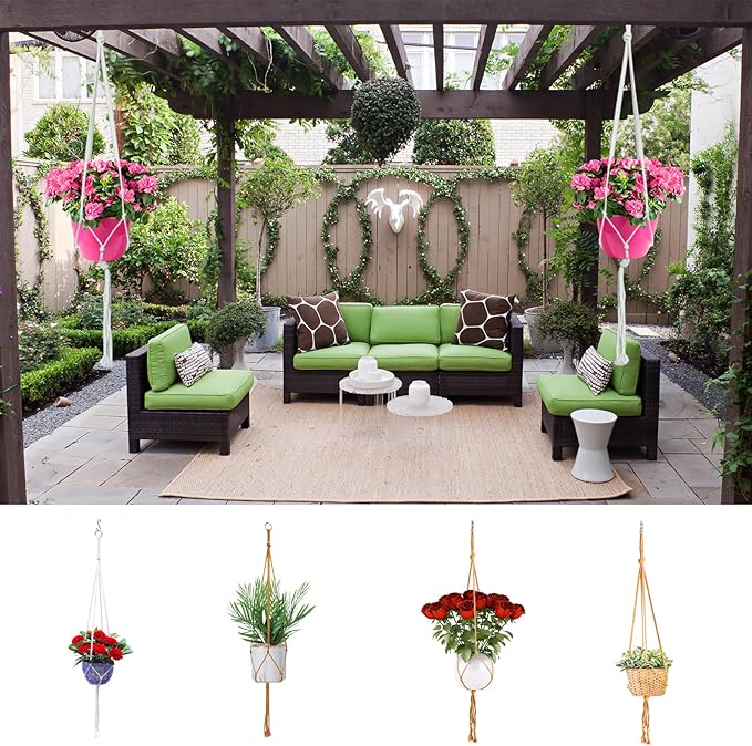 Macrame Plant Hangers Planter Flower Pots Holder 3 Pack Basket Stand Tassels with 6 Hooks Kit Cotton Rope for Decorative Indoor Outdoor Patio Garden Boho Home Décor (POTS NOT Included) (BLACK)
