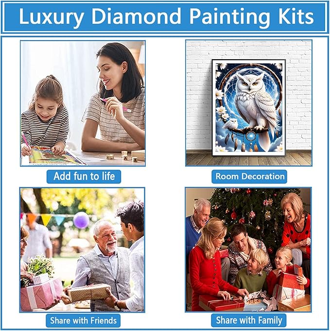 QINRUBB DIY White Owl Diamond Art Kit for Adults Beginners, Full Drill Dream Catcher Diamond Painting Kits, 5D Dreamland Owl Painting by Numbers DIY Craft Kits for Home Wall Decor 12x16 inch