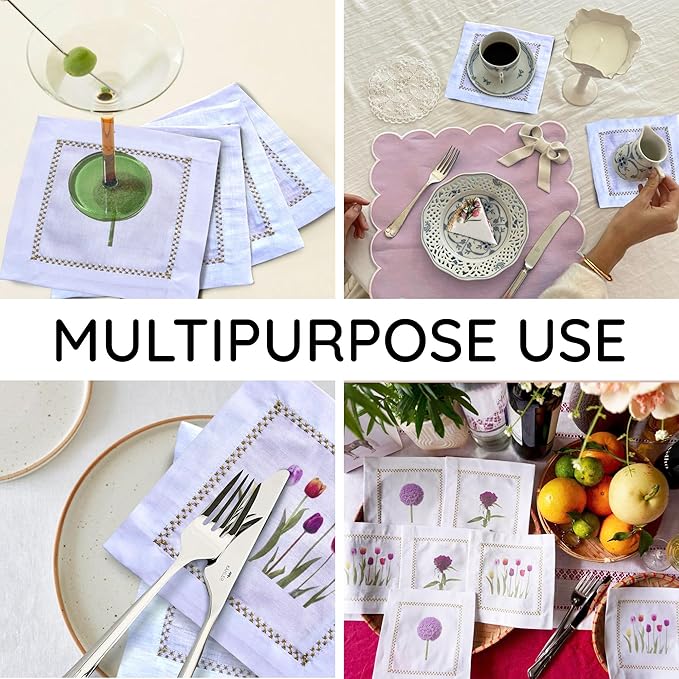 Cocktail Napkins Set of 6, 6x6 inch, 100% Pure Cotton, Printed Floral Design, Reusable & Washable Napkin Coasters for Beverages, Parties, Weddings & Everyday Use (Tulip & Dandelion)