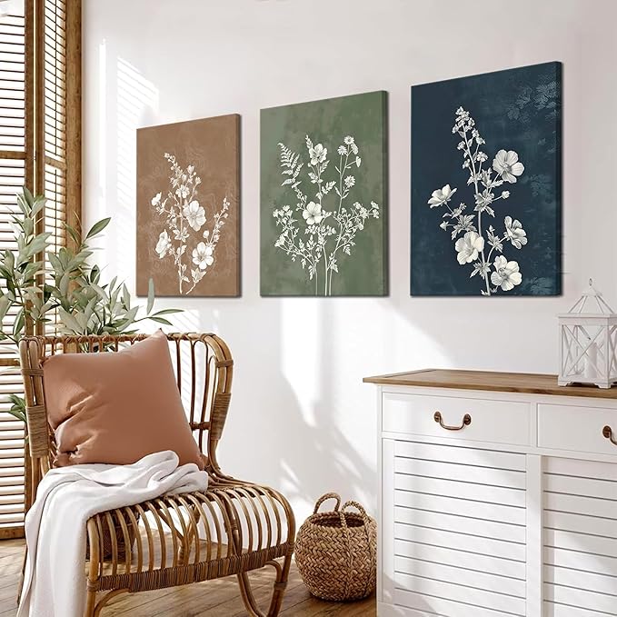 Framed Boho Canvas Wall Art Set of 3, Minimalist Botanical Picture Wall Decor Painting, Vintage Floral Rustic Farmhouse Posters Prints for Living Room Bedroom Bathroom Home Decor 12x16In