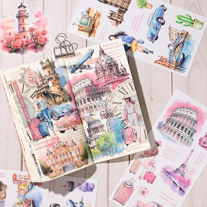 Journaling Sticker Book, 20 Sheets Scrapbook Stickers, Junk Journal Supplies, Pre-Cut Aesthetic PET Materials, Watercolor Scrapbooking for Adults, Decorative Ephemera Bullet Planner Arts Craft