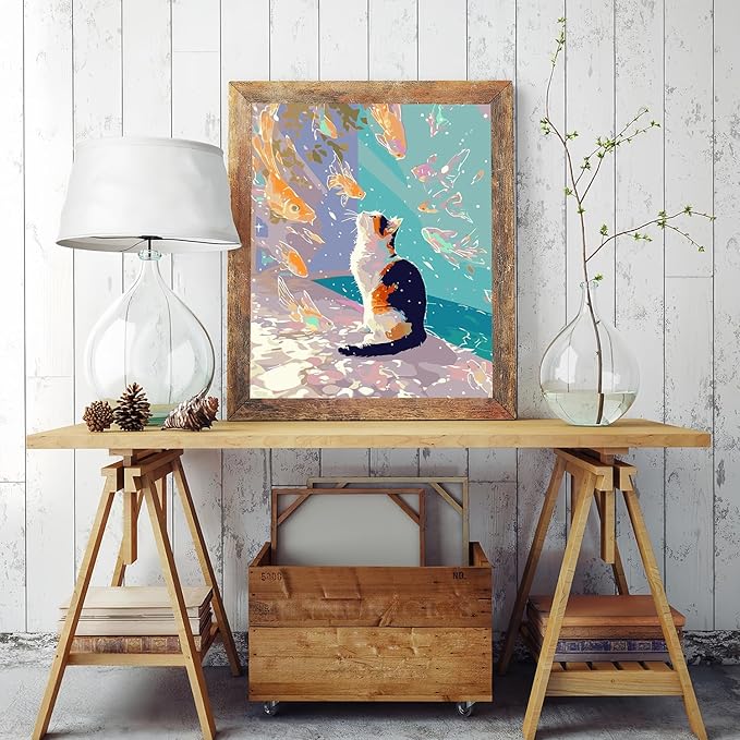 Mosaflare Paint by Numbers for Adults Beginner, Cat and Goldfish Adult Paint by Number Kits on Canvas, DIY Acrylic Oil Easy Painting by Numbers for Home Wall Decor 16X20 inch (Without Frame)