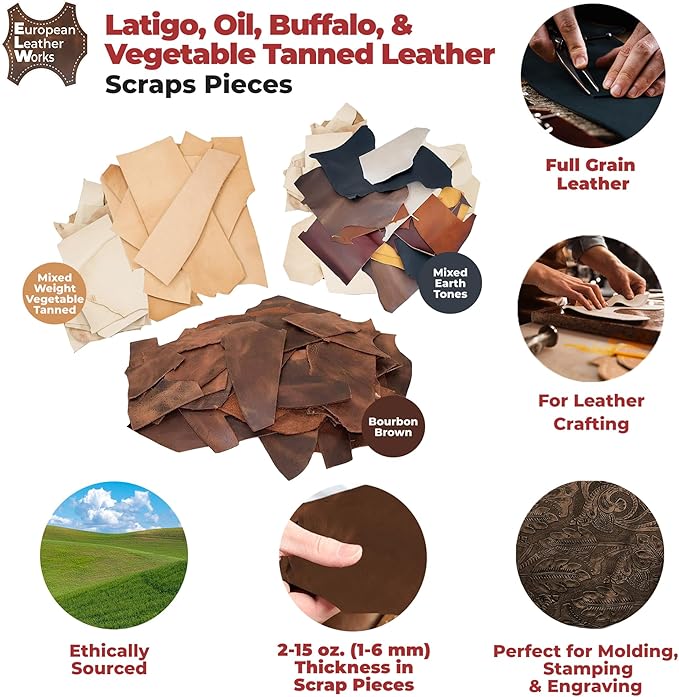 ELW Vegetable Tanned Leather Scraps | 4-10 oz Mixed Weight | Size: 25 LB | Genuine Cowhide Full Grain Leather Remnants for DIY, Crafting, Leatherworking, Tooling | Color: Veg Tan Mixed Weight