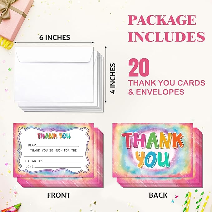 Tie Dye Kids Thank You Cards, Colorful Thank You Card For Baby Shower Birthday Party, Kids Birthday Cards Fill In The Blank, 20 Pack Cute Greeting Cards With Envelopes For Boys And Girls, 010