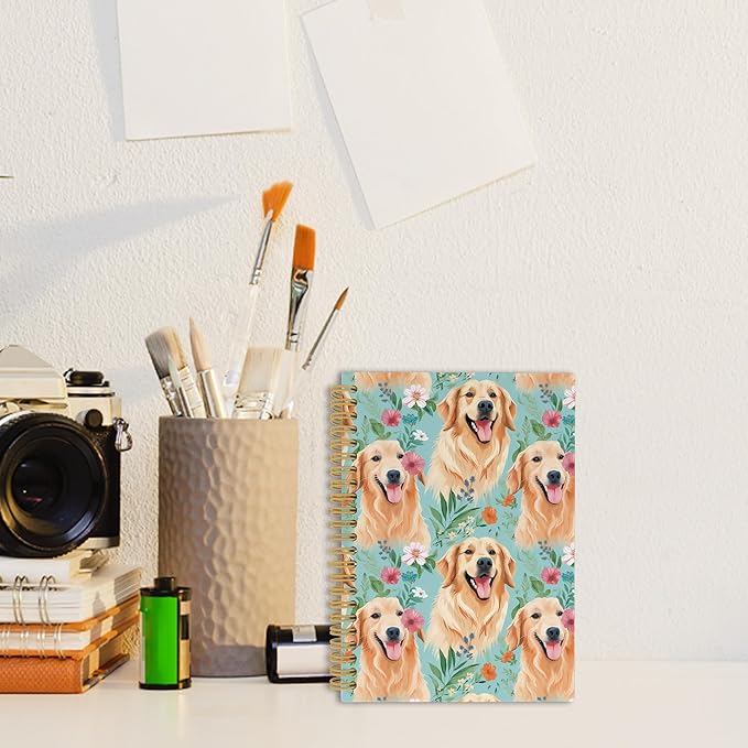 Cute Dog Golden Retriever Floral Journal Notebook - Puppies Dog Flower Notebooks College Ruled for Work School, Gifts for Dog Mom Dog Lover, Office Supplies, Hardcover Spiral Notebook 5.5"x8.3"