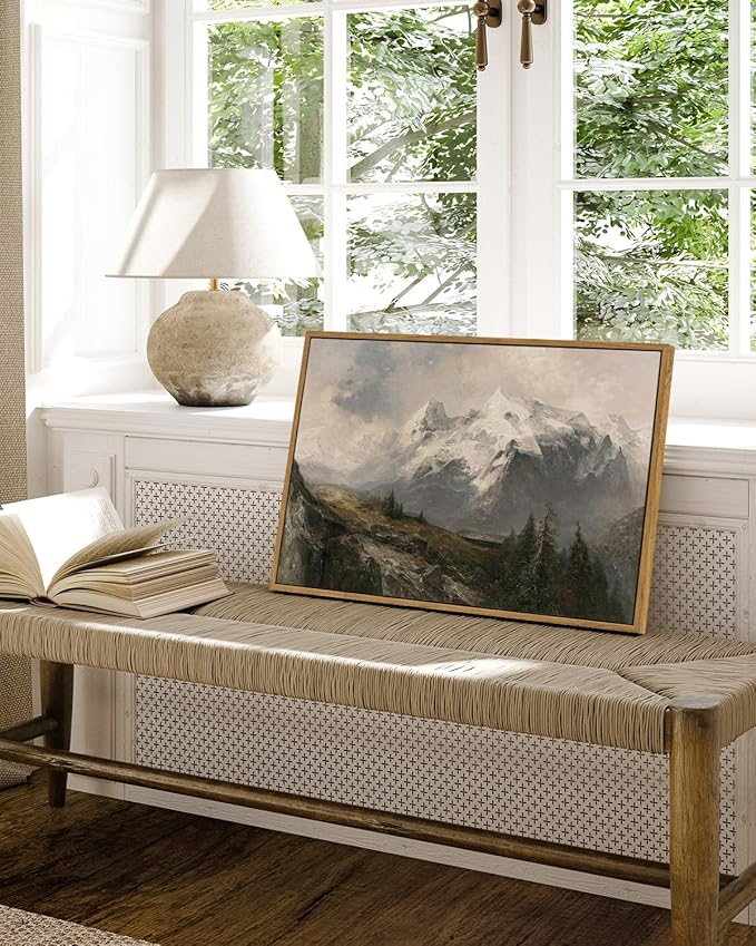 VIYYIEA Framed Canvas Wall Art Room Decor, Winter Decor, Mountain Landscape Wall Painting Prints, Rustic Farmhouse Decor for Bedroom Bathroom Living Room 16"x24"