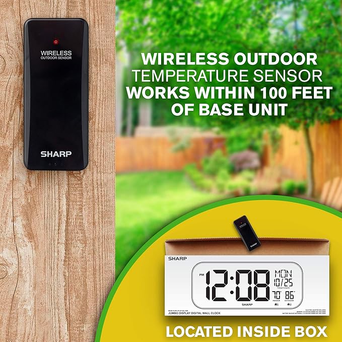 Sharp Large Oversized Screen LED Clock with Outdoor/Indoor Temperature with Outdoor Sensor, with Date and Day of Week – 14 inch Clock with 4 inch Digits