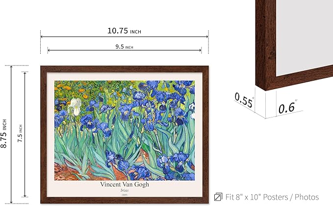 Monem Art Vintage Van Gogh Poster - Retro Irises Print - Impressionism Art - Floral Art - Fine Art - Flower Art - Classic Painting Art - Aesthetic Living Room Wall Decor - 8x10 Brown Framed