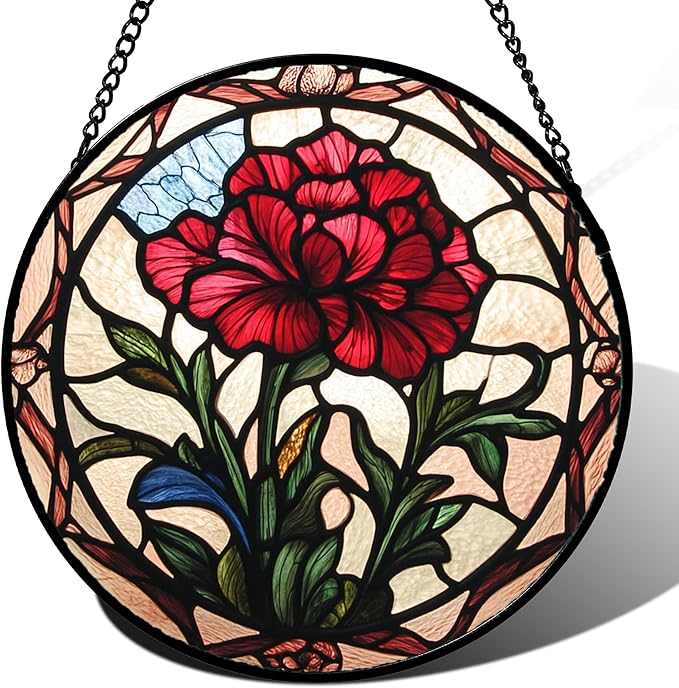 Stained Glass Window Hanging - Red Carnation Birth Flower Sun Catcher for Door Garden Home Decor Suncatcher Christmas Mother's Day Birthday Gifts for Women Men Mom Nana Friend Wife 6.3 in