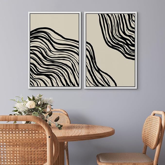 SIGNWIN Framed Canvas Print Wall Art Set Dark Geometric Spiral Wave Collage Abstract Shapes Cozy Neutral Modern Art Minimalism Decorative Nordic for Living Room, Bedroom, Office - 16"x24"x2 White