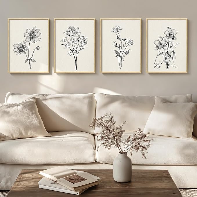 Framed Floral Wall Art for Living Room, 4 Piece Neutral Rustic Botanical Painting Canvas Prints Artwork for Modern Farmhouse, Vintage Minimalist Flower Pictures for Hallway Bedroom Kitchen Wall Decor