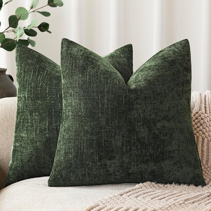 Foindtower Pack of 2 Soft Textured Chenille Throw Decorative Pillow Covers Square Accent Solid Cushion Cover Neutral Farmhouse Pillow Case for Couch Sofa Bedroom Living Room 26x26 Inch,Dark Green