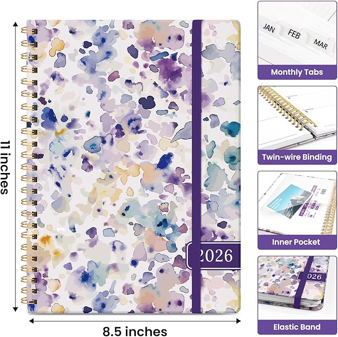 2026 Planner, Weekly and Monthly Calendar Planner for Women, Jan 2026 - Dec 2026, Hardcover Planning Agenda book with Tabs, Spiral Bound, Inner Pocket, Perfect for School Office Supplies, 8.5" x 11" - Purple Blocks