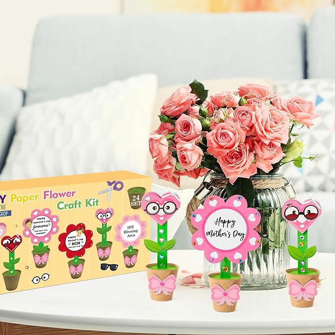 WATINC Valentine's Day Foldable Flower Paper Pot Craft Kits - 24 Packs Make Your Standing Flowers Gift Crafts Decoration, Fun DIY Decor Home School Classroom Art Activities for Kids (Heart Flower)