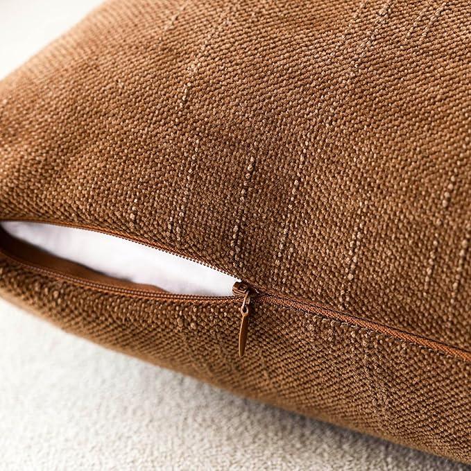Foindtower Pack of 2 Soft Textured Chenille Throw Decorative Pillow Covers Square Accent Solid Cushion Cover Cozy Farmhouse Pillow Case with Zippe for Couch Sofa Bed Living Room 24x24 Inch, Bronze