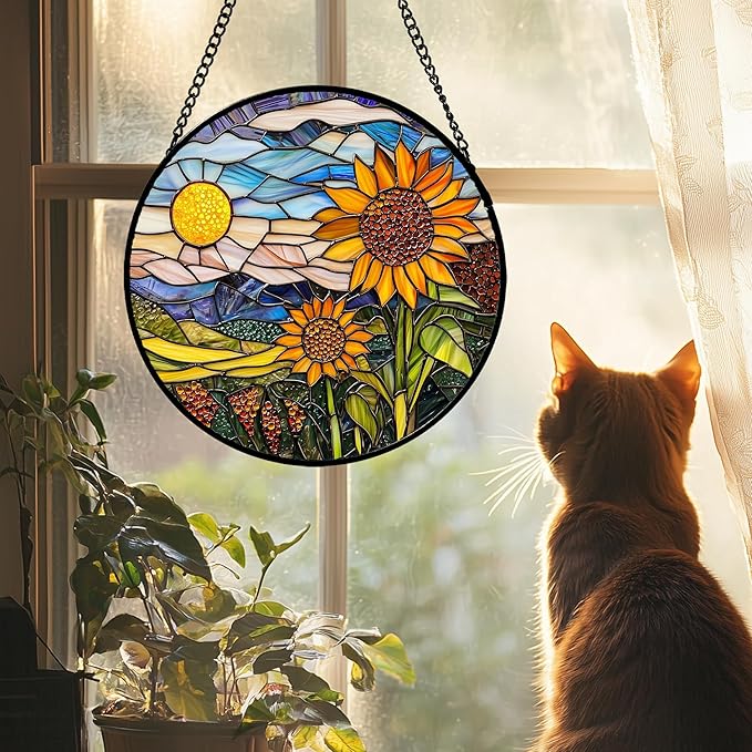 Stained Glass Suncatcher, Sunflower Flowers Landscape Sun Catcher Plant Mountains Stain Glass Window Hanging Decoration Mother's Day Birthday Gifts for Women Men Mom Nana 7.8 in