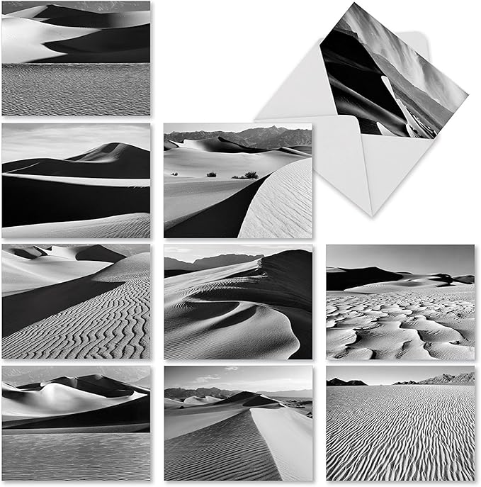 The Best Card Company - 10 Blank Note Cards with Envelopes (4 x 5.12 Inch) - Black & White Photos, Bulk Boxed Set - Sand Papers M3311