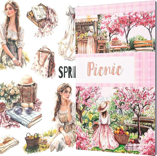 YagCu Scrapbook Sticker Book, Picnic Journaling Stickers, Junk Journal Supplies, Pre-Cut Aesthetic Scrapbooking for Adults, Decorative Ephemera Bullet Planner DIY Arts Craft Collage