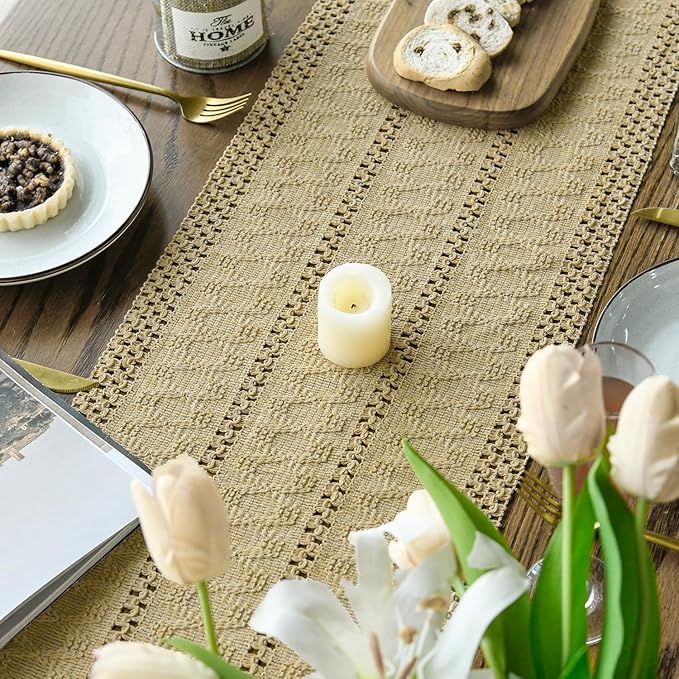 Artoid Mode Burlap Brown Farmhouse Woven Rustic Hollow Table Runner, Seasonal Holiday Hollow Kitchen Dining Table Decoration for Home Party Decor 12x90 Inch
