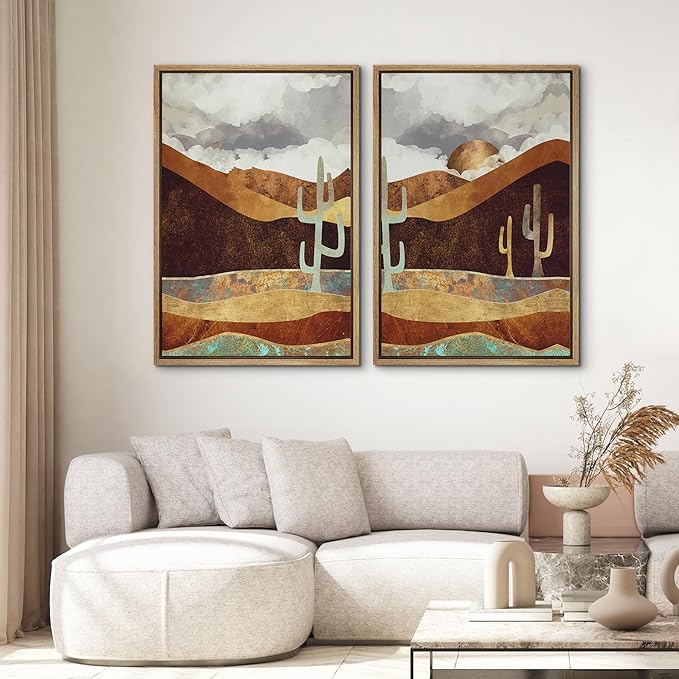 SIGNWIN Framed Canvas Print Wall Art Set Geometric Granite Desert Cactus Landscape Nature Wilderness Illustrations Modern Art Colorful for Living Room, Bedroom, Office - 16"x24"x2 Natural