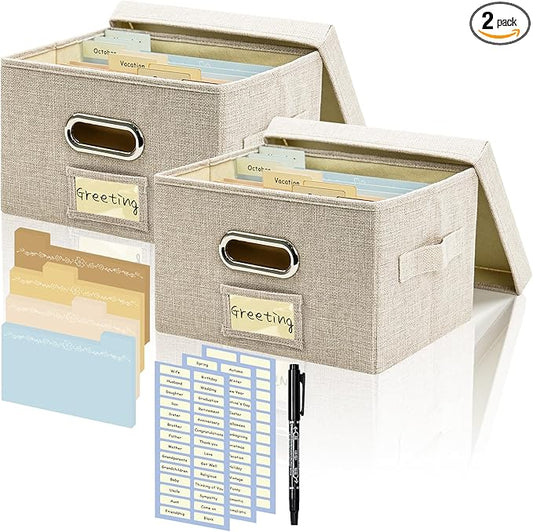Greeting Card Organizer and Storage Box with 20 Pcs Adjustable Dividers, Storing Cards with 84 Pcs Labels Perfect for Storing Greeting Cards, Envelopes, Photos 2 Pack Beige