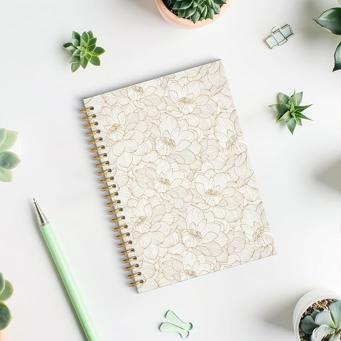 Lotus Floral Spiral Notebook, Vintage Beige Lotus Flower Journal, Neutral Botanical Aesthetic Journal Notebook, 5.5x8.3 Inch