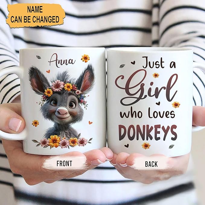 Hyturtle Personalized Cute Donkey Coffee Mug - Just A Girl Who Loves Donkeys - Custom 11oz & 15oz Ceramic Mug - Birthday Gift For Animal Lovers